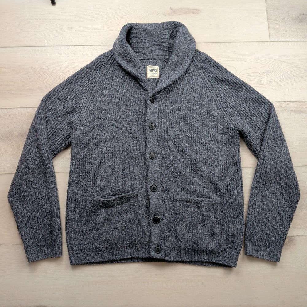 FatFace Mens XL Calder Shawl Collar Ribbed Knit Cardigan Sweater Charcoal Grey